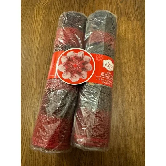 Holiday Time decorative mesh fabric NWT in black & red plaid