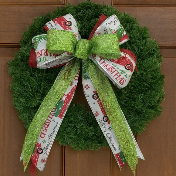 Handmade Holiday Bow – Red Truck & Glitter Ribbon for Wreath or Tree Topper