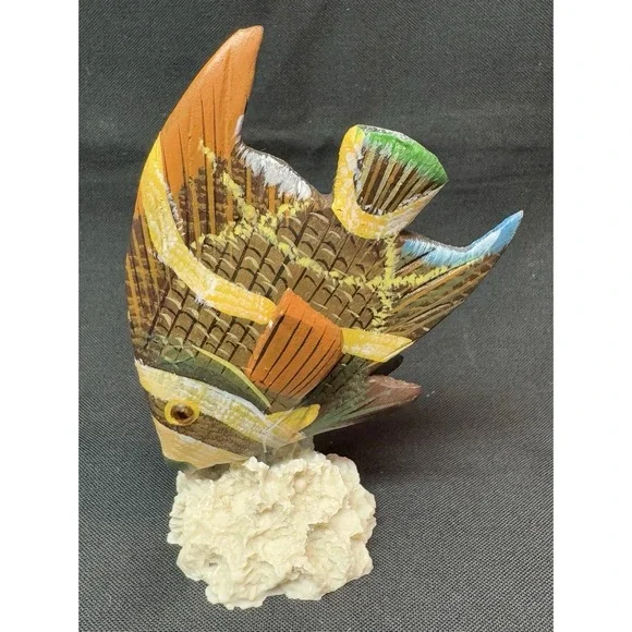 Hand Carved & Painted Wooden Angel Fish Mounted On Faux Natural Coral 4