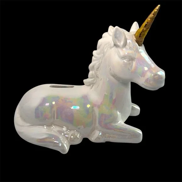 Iridescent Ceramic Unicorn Piggy Bank Gold Horn Rainbow Glaze Coin Bank Fantasy