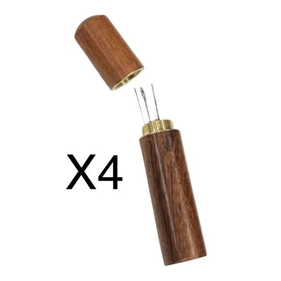 Lot of 4 Wood & Brass Sewing Needle Toothpick Case Storage Holder With Needles