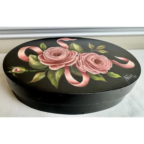Vintage Hand Painted Roses Floral Oval Wood Jewelry Box 80s Cottagecore Keepsake