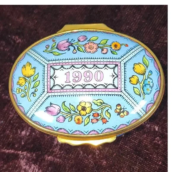 Halcyon Days 1990 Enamel Trinket Box Vintage Floral