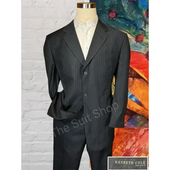 Kenneth Cole NY Mens 46L 40x30 Navy Starlight Blue Multi-Stripe Suit