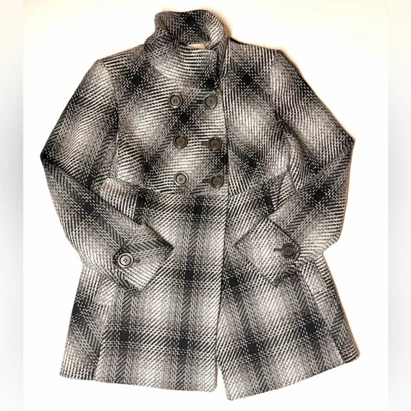 Michael Kors Women's Wool Blend Plaid Peacoat Black / Gray Size- 10