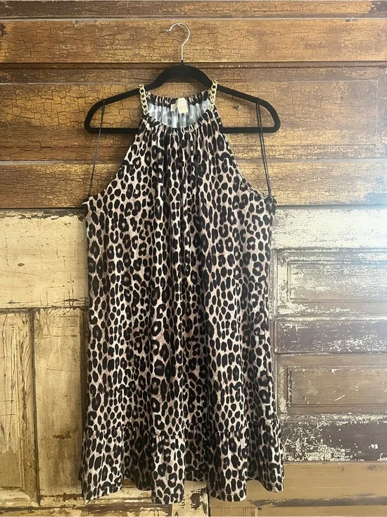 Michael Kors Leopard Print Dress | Gold Chain Strap Swing Dress Size L | NWOT