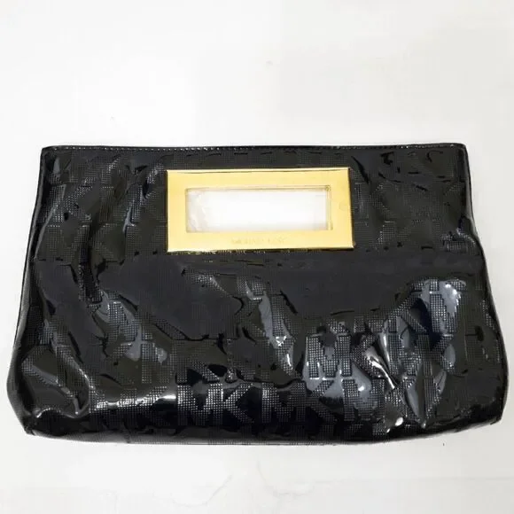 Michael Kors Black Patent Leather Logo Patterned Clutch Purse