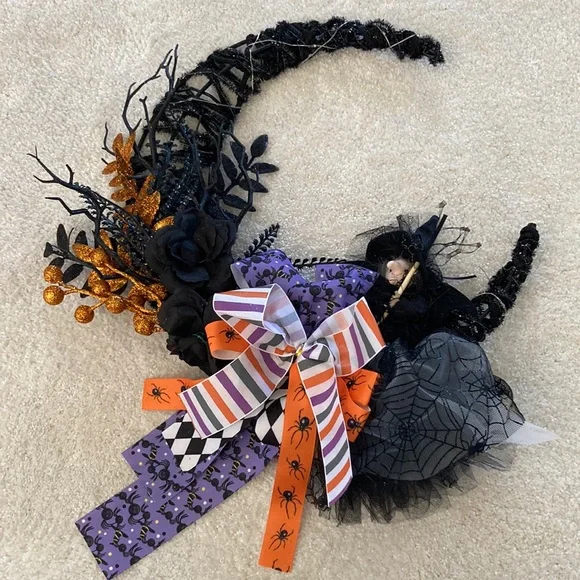 Halloween Witch Battery Operated Half Moon Wreath (Batteries Not Included)