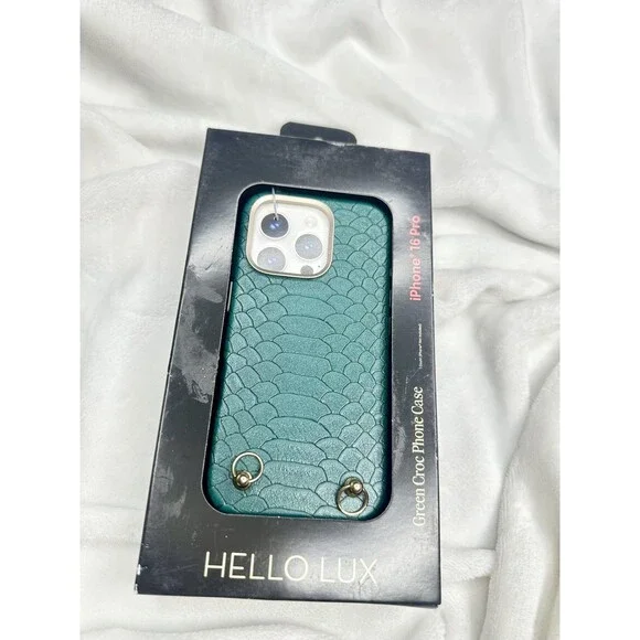 HELLO LUX Phone Case IPhone 16 Pro Green Croc Faux Leather Dual Layer Shockproof