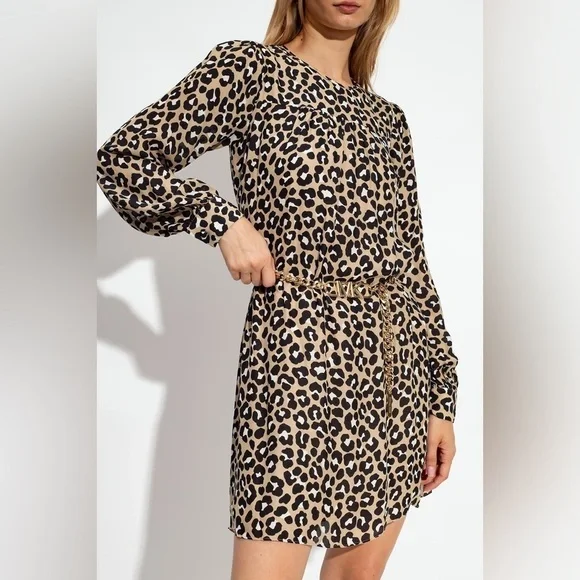 MICHAEL KORS LEOPARD PRINT MINIDRESS WITH MK BELT