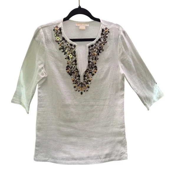 Michael Kors Linen Tunic Women Small White Beaded Split Neck 3/4 Sleeve Boho