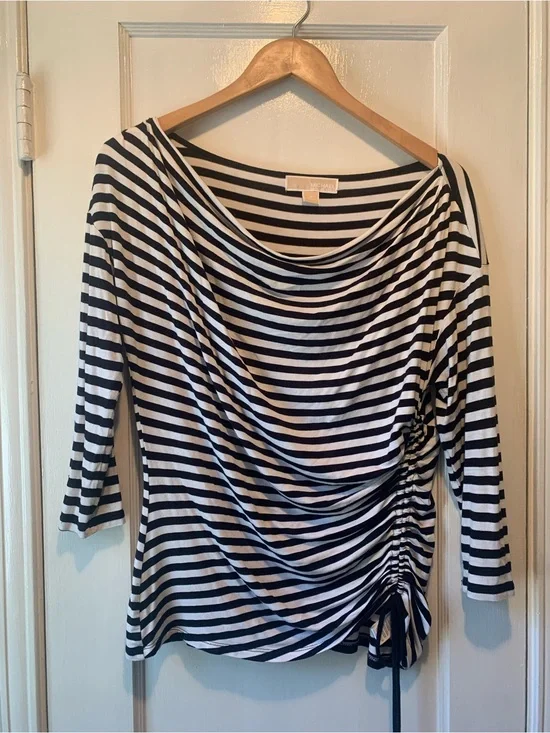 Michael Kors Black and White Striped Ruched Side Boatneck Top Size M