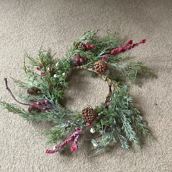 Wreath with Red Berries, Pinecones, White Mini Bells