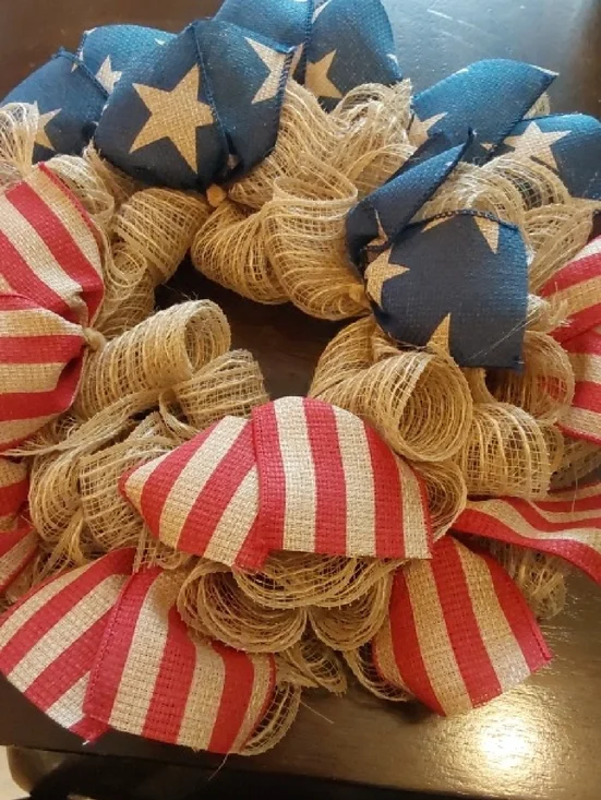 Patriotic Burlap Star & Stripe Holiday Wreath - Red, Blue, Natural