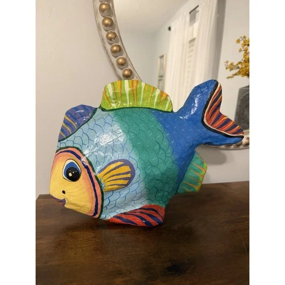 Vintage Style Hand Painted Paper Mache Tropical Fish Sculpture Coastal Decor