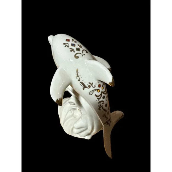 Vintage Creamy White Dolphin Figurine With Colorful Accents Design EUC! RARE