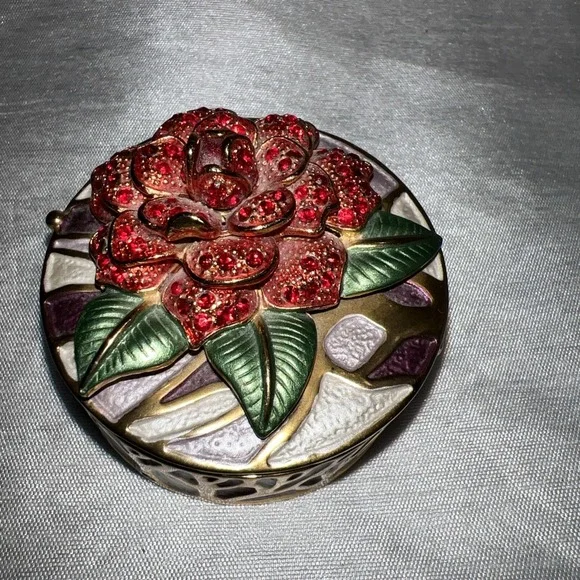 Vintage Floral Enamel Metal Hinged Trinket Box Jeweled Crystals Floral 2.5
