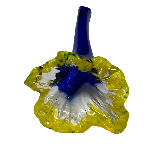 Hand Blown‎ Flower Glass Art Yellow Blue 8.5
