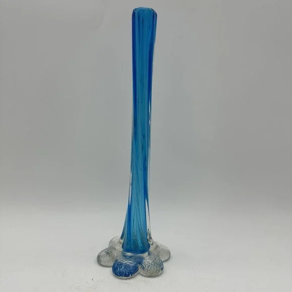 VTG Narrow Twisted Stemmed Flower Vase W/Elephant Foot Blue & ClearArt Glass 11