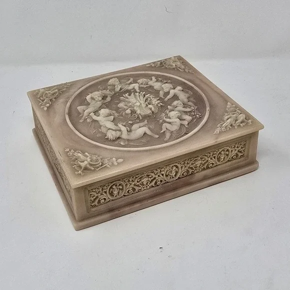 Vtg Incolay stone jewelry box Victorian cherub carved Neoclassical Romantic