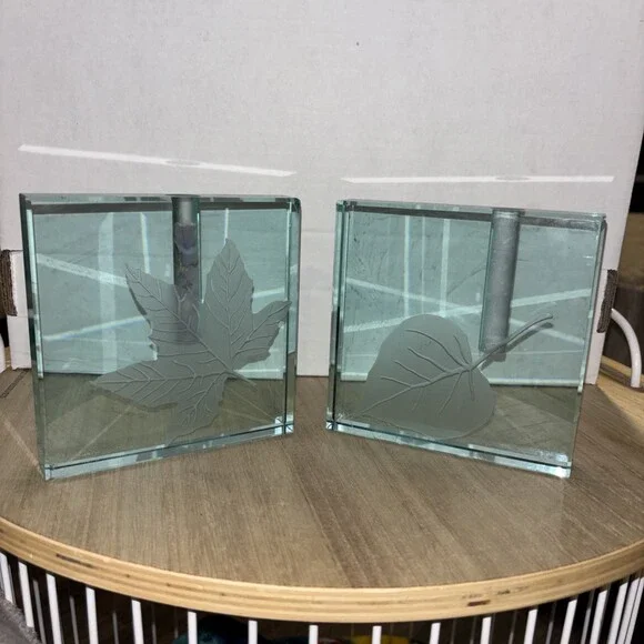 Vintage Set Of 2 Stephen Schlanser Glass Block Bud Vase 1999 Signed Etched 5