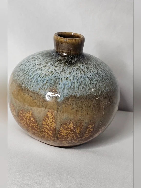 Studio Pottery Bud Vase Crystalline Drip Glaze Earth Tones MCM Round 4