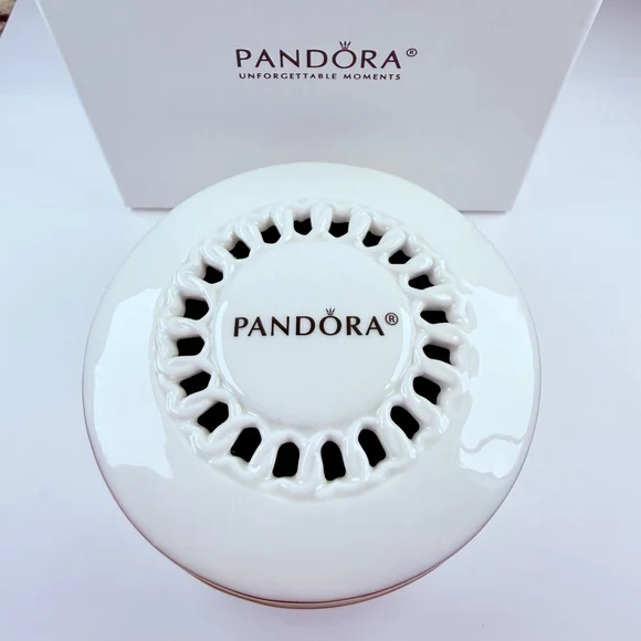 PANDORA Limited Edition White Porcelain Silver Trimmed Round Jewelry Box 4”