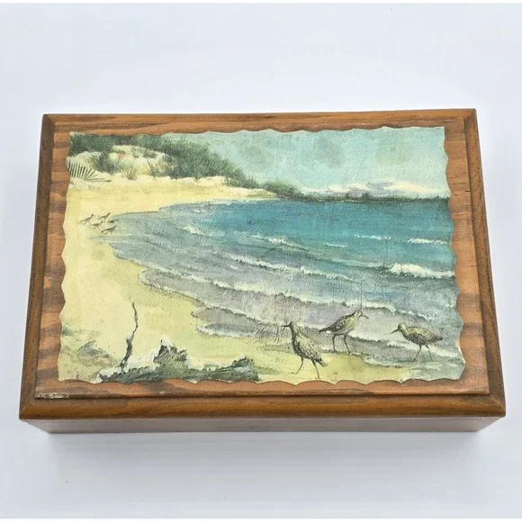 Vintage Mid Century Ocean Beach Wooden Trinket Jewelry‎ Box Seagulls Divided