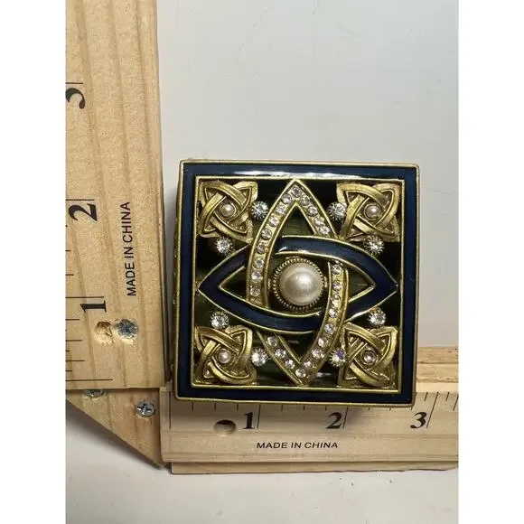 Celtic Knot Jewelry Trinket Box with Rhinestones & Faux Pearl Lid Vintage Style