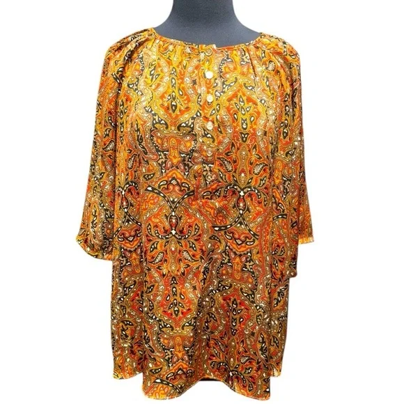 Michael Kors 1X Plus Size Boho Paisley Blouse Three Quarter Sleeve NWOT