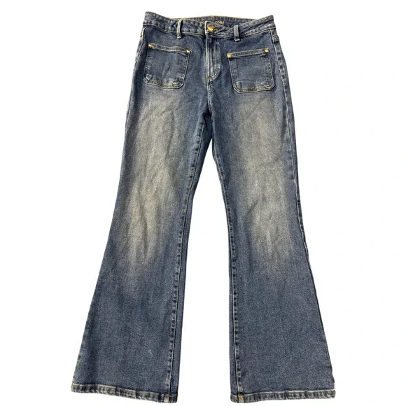 Michael Kors‎ Women Medium Wash High Rise Flare Jeans Front Patch Pockets Size 8