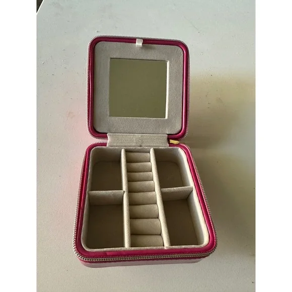 Pink Faux patent Leather Jewelry Box‎ Travel Organizer Mirror Zippered Case