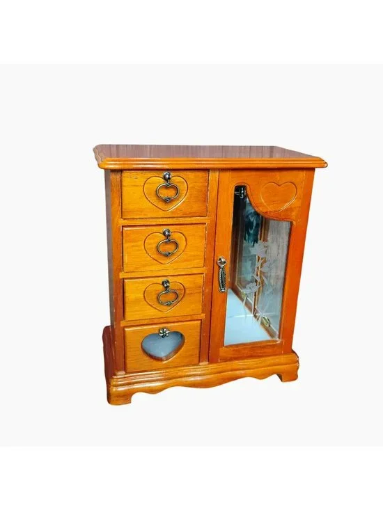 Wooden Jewelry Box w Heart Motif Glass Door & Velvet-Lined Storage Compartments