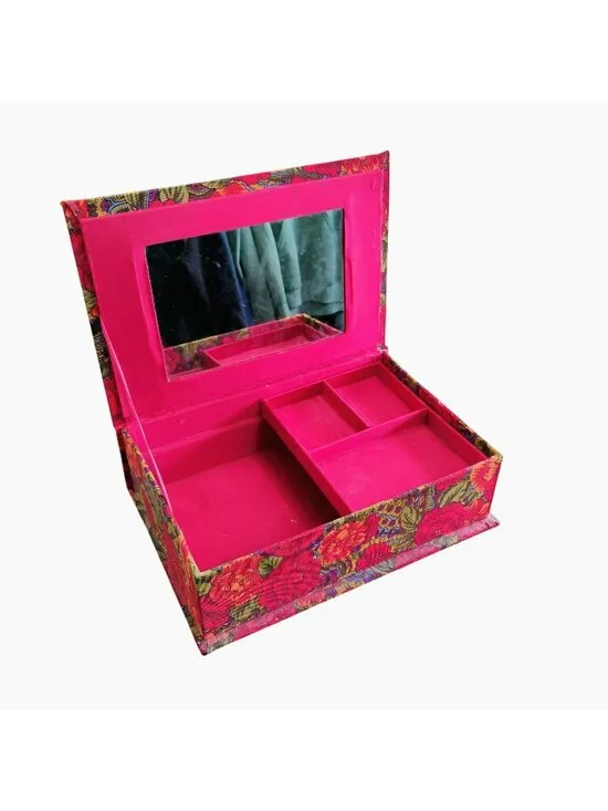 Vintage Floral Fabric-Covered Jewelry Box With Mirror & Compartments 11.5