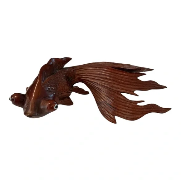 Vintage Japanese Hand-carved Rosewood Koi Fish Figurine Glass Eyes