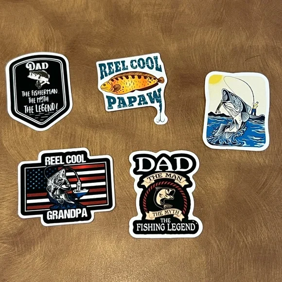 Black and White Fisherman Dad / grandpa stickers, set of 5 , New