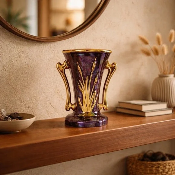Vintage Burgundy Art Nouveau Vase Iridescent Gloss With 22K Gold Accents - GUC