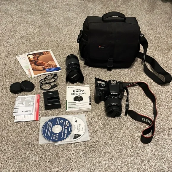 Canon EOS Rebel T3 1100D Camera Zoom Lens & Bag