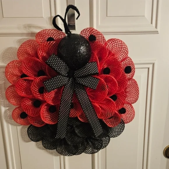 Handmade Red and Black Ladybug Holiday Wreath - Home Holiday Decor