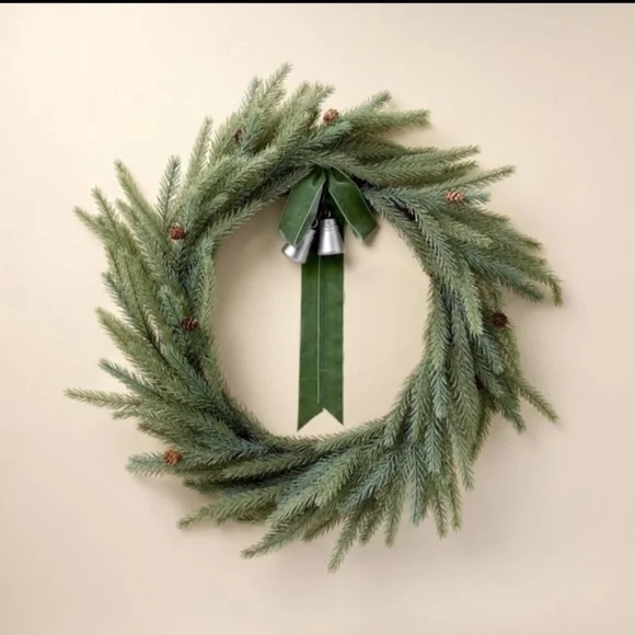 Hearth & Hand With Magnolia Faux Spruce Christmas Wreath/ Bells and Velvet Ribbo
