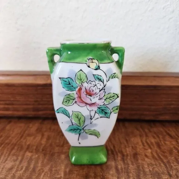Japanese vase occupied Japan floral green cream home decor vintage miniature