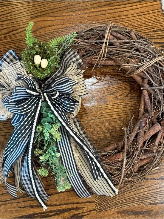 Grapevine Wreath with Black & White Striped Bow and Green Nest Accent