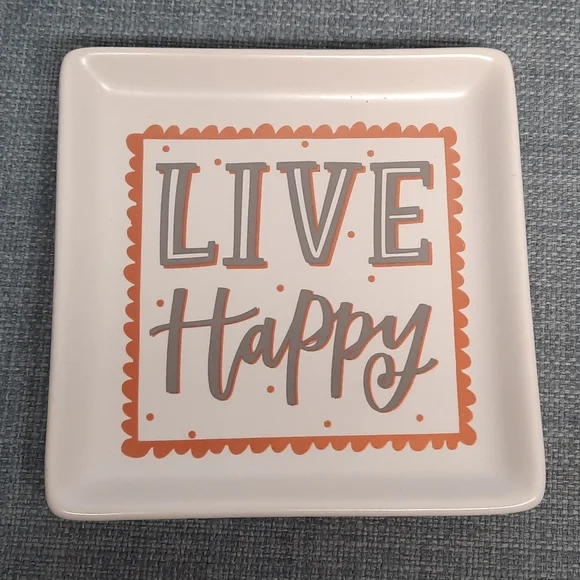 Ceramic Trinket Tray Dresser Dish Live Happy Jewelry Organizer Square