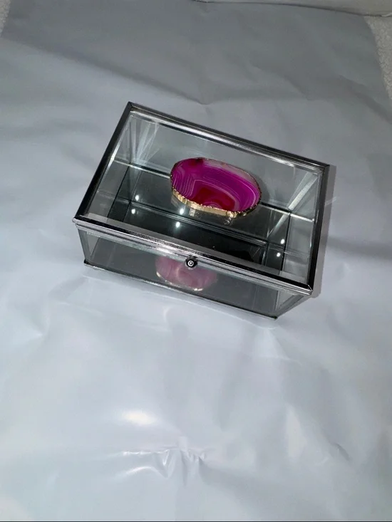 jewelry box Glass Trinket Box Beveled Glass slice of pink agate stone 6X3X4