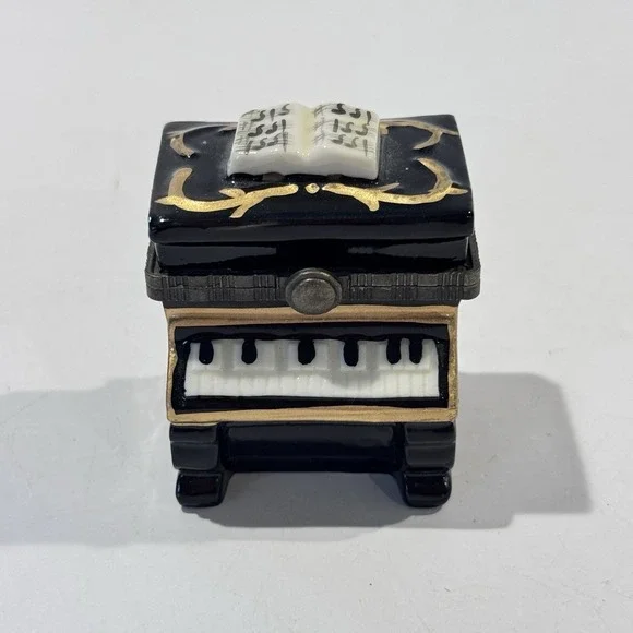 Vintage Miniature Black Piano Ceramic Hinged Lid Trinket Jewelry Keepsake Box
