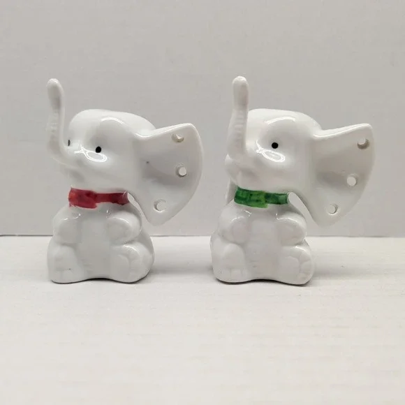 Lot 2 Ceramic Elephant Earring Ring Jewelry Holder White Colored Bowtie 3