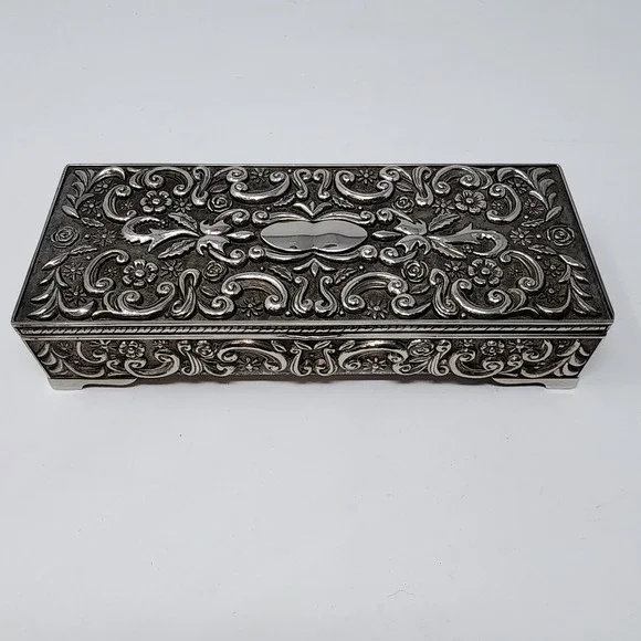 Vintage Godinger Velvet Lined Ornate Mirrored Jewelry Box Silver Plated 1992