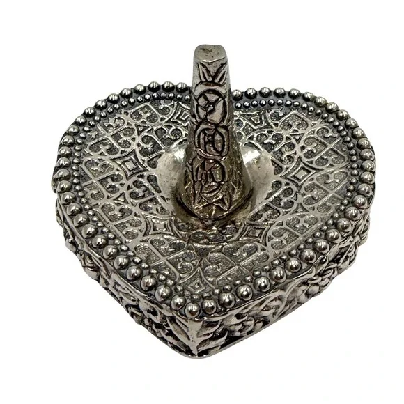 Vintage Ornate Silver Heart Ring Holder Filigree Beaded Jewelry Dish Vanity Tray