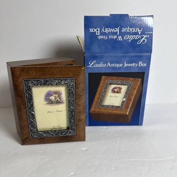 Vintage Jewelry Box With Photo Frame Hinged Walnut‎ Finish 5.5x4.5