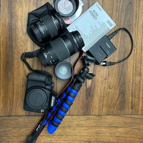 Canon EOS 4000D DSLR Camera with Black and Blue Gear